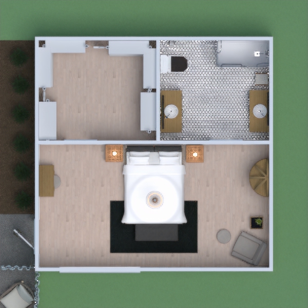 A rustic modern master bedroom. I made a nice garden and walkway. I made a sitting area at the front and added curtains for privacy screens. When you come inside it is all move-in ready and has all the needs that are required for a home. Good luck to everyone in the contest and stay safe from COVID - 19 

:)