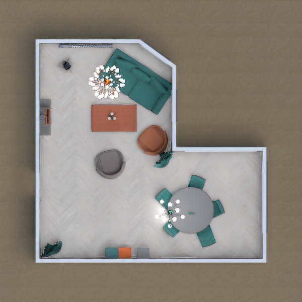A living/dining room in grey, turquoise and orange.