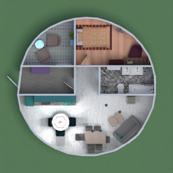 A modern round house with a random room for people who want to have their coffee in peace. The kitchen is mostly grey with touches of turquoise and red. The bedroom is in warm reds, oranges, and pinks. The entryway and the bathroom are black and white, and the random room for people who want to have their coffee in peace is in blues and dusty pinks.
