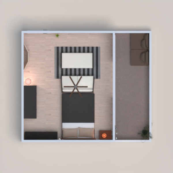 A cozy bedroom with a balcony and a little changing room and a couch.