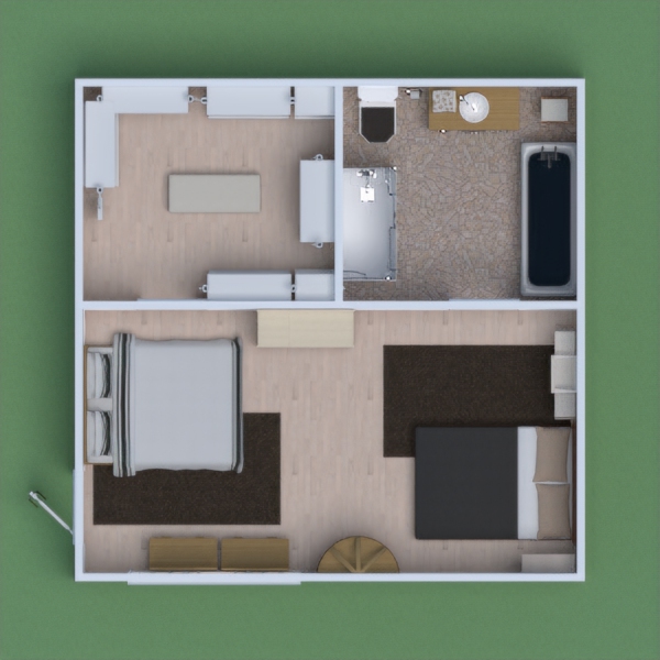 a dorm room with a large shared  closest