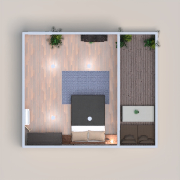 There is a bed, a wardrobe, a mirror, a shelf with some books and a few other stuff, there's a balcony with some plants and a couch and a table with a cactus.