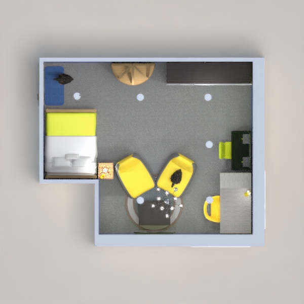 the perfect room to seat a teenager. You got the theme, yellow and gray. You have some yellow walls and some gray walls.  Then you got the furniture to be set to the theme to.