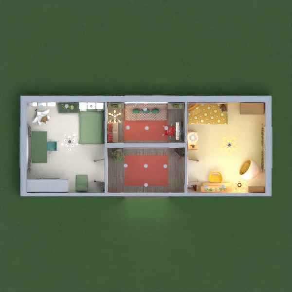 Here are my bedrooms for two sisters with different taste: a retro yellow room and a modern green one. The relax room has nothing to do with green or yellow if they get tired of them...