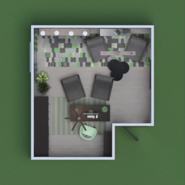 Black and white modern office space with some green parts added