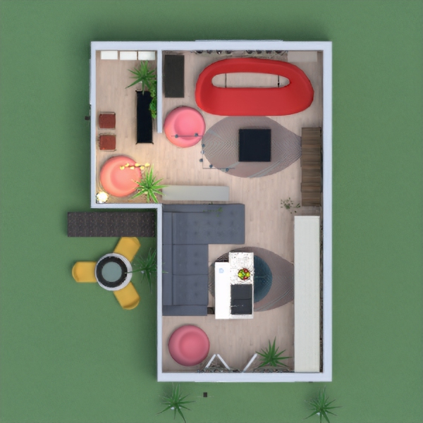 This is a project-plan of a room, which is useful for everyday work and home office activities, ith has got a little kitchen acessories, with furniture, cupboard, and sitting places. There are some red chairs, and it's suitable for everyone who works enough from morning till afternoon or early night.