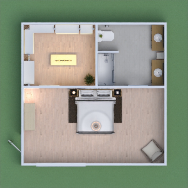 boho style bedroom, wardrobe, and bathroom. Wood, tile, grays, and whites.