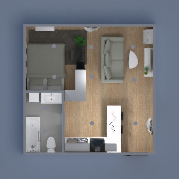 A small studio with kitchen, dining area, bedroom, living room, and a bathroom. The main colour used are white, green, grey and wood. It is a cozy house for singles to live in :)