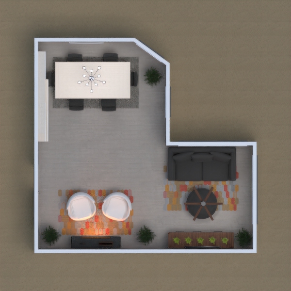 This is a living room with a TV in the corner, and a fireplace in the middle. The dinning area is on the opposite side of the room. The main colors are black and white, but I also added little bits of color. Please leave a comment with feedback so I can improve. Thank you, and happy designing.