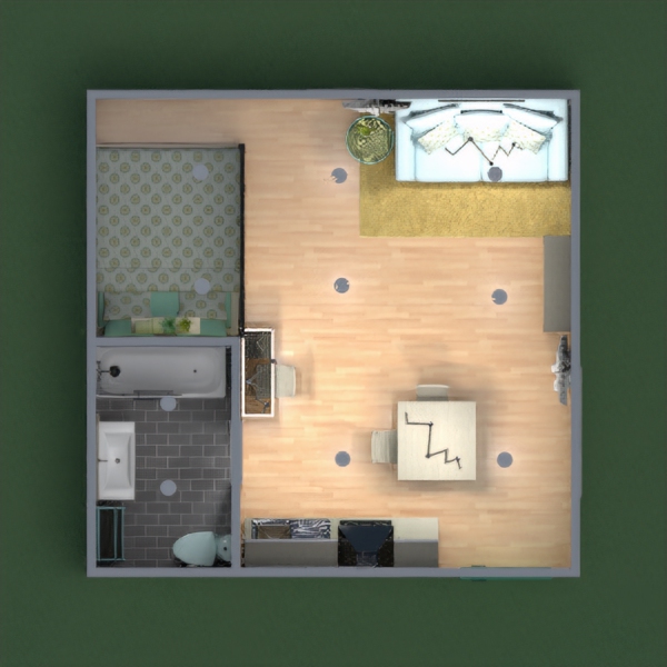 This is my little studio. I chose a teal-ish and yellow color scheme to make the house fit together. The bed is separated, the living, dining and kitchen set-up are all together. Thank you for reading this!