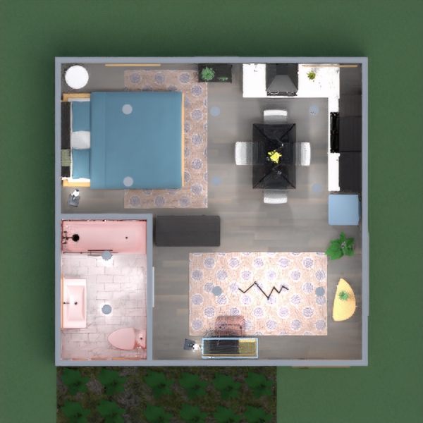 Hey frenchies! Today I designed a small studio apartment that is modern but with small accent colours. I struggled to find a functional layout so it's still open since it's such a small space. Please let me know if you like it and/or have any suggestions! And please no copy/paste comments, I find it lazy and disrespectful. Thank you so much! Au revoir!