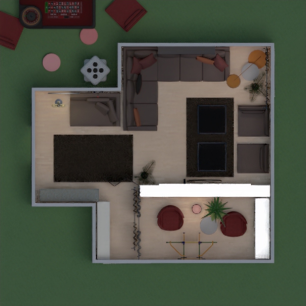 This is plan for a Room for board games, or a special living room. The base colours are brown, silver, red, and orange.