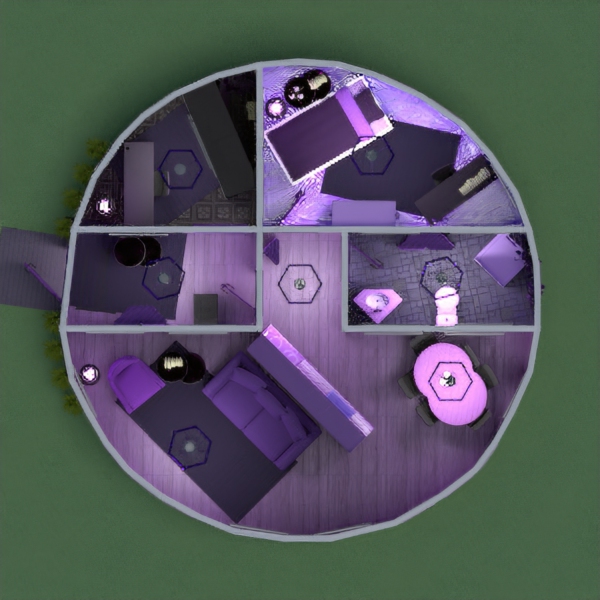 A round house in shades of purple with a bedroom, bathroom, kitchen, dining area, living room, and office/storage area. I encourage you to leave constructive criticism, but please no copy/paste comments. Thank you.