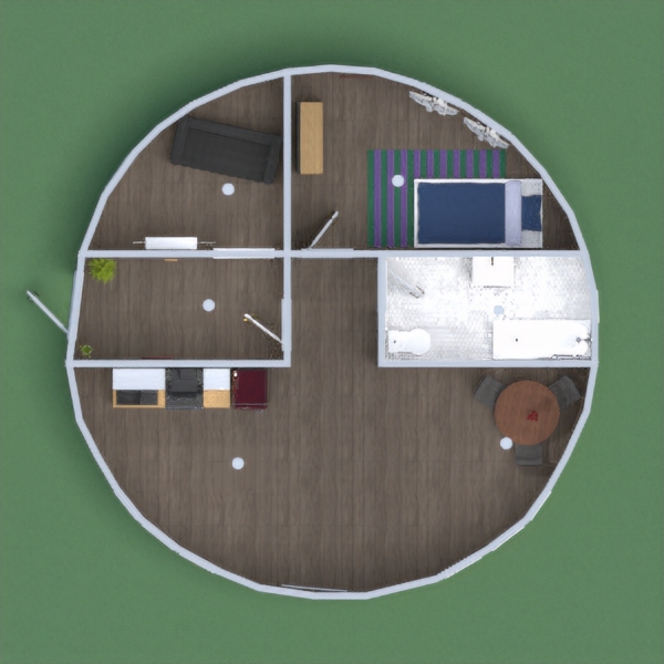 Round house, not your usual scale but I made just like any other house. This house   includes a  bedroom, kitchen, bathroom, small chilling room ,and foyer.