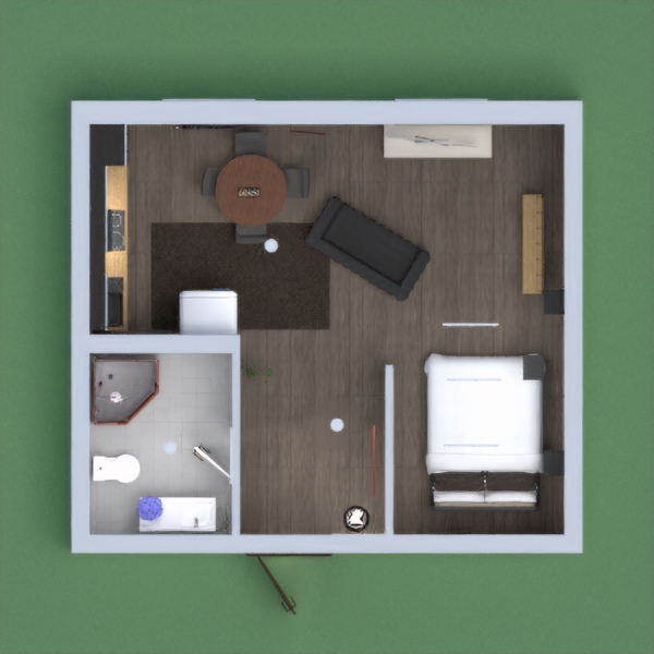 This is a representation of a modern apartment with a dark blue and black theme,which can hold about 2 people.It has most of the basic items you have in a home to help live comfortably.The decoration helps feel the vibe and makes you want to move in.