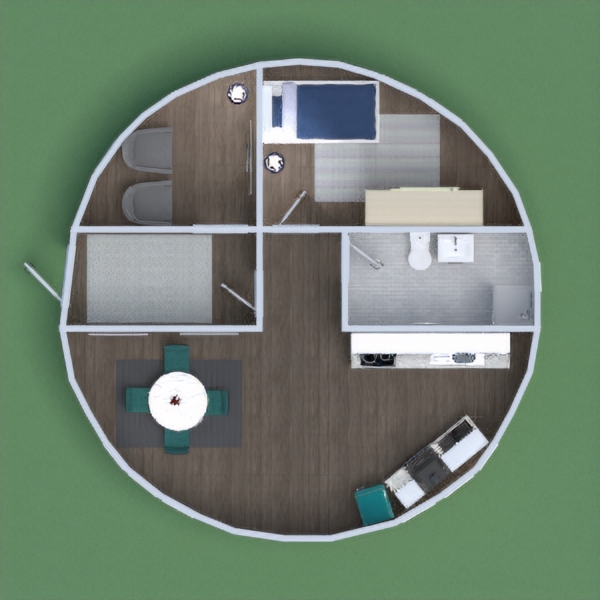 This is a Round House with a full kitchen, bathroom, bedroom, dining room, and a tv room.