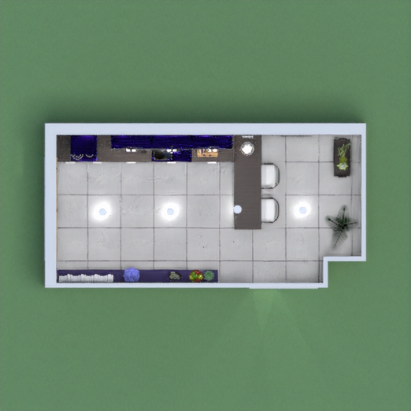 this kitchen is dark shades of black grey and blue. there is a bar where you could eat alongside the kitchen. there are also shelves with plants, cookbooks, and fruits. i hope you like it. please vote for me.