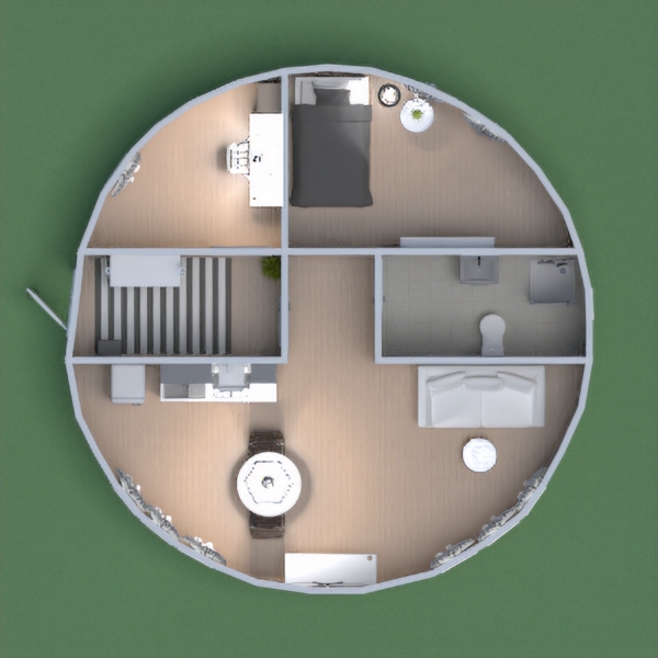 Hello everyone! This is My Remarkable Round House! In my hallway I have a coat rack and shoebox holder for shoes and also for some nature, a plant. In my kitchen/living area I have a freezer/fridge a table for eating turkey and and kitchen area. In the living area there is a T.V a couch and a table for coffee in the morning. Next is the bathroom it has a toilet, shower, and a sink with a mirror. Then we go to bedroom it has a bed for sleeping, it has a lamp, and a table for a book or a glass of water. Then we go to the office area it has a desk for writing or reading and a shelf for the books like 