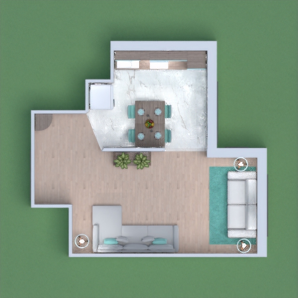 A simple yet complex design of a lounge, kitchen and dining area. The theme is a pastel teal colour. 
Hope u like 
Vote for me and i'll vote for u.     :b