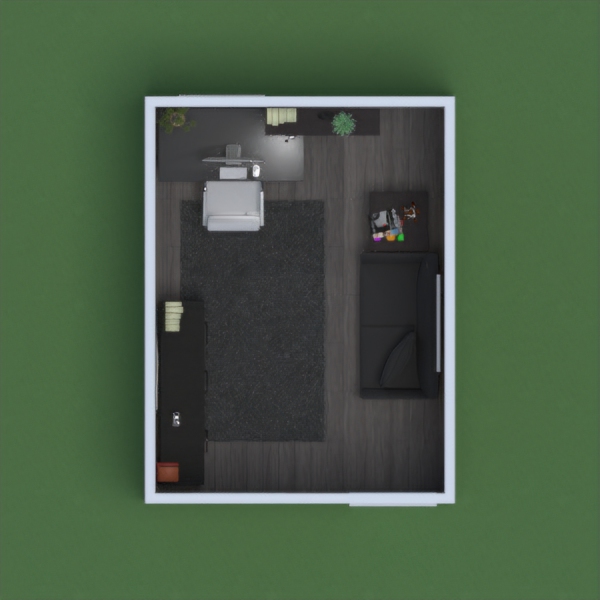 A modern/industrial themed apartment with an office/living area.