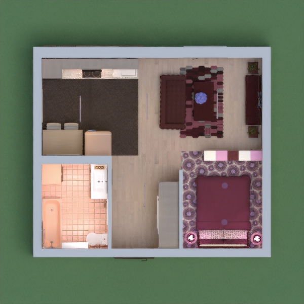 Маленька квартира для молодої дівчини. Кухня і ванна кімната в пастельних кольорах, рожева спальня і вітальня.