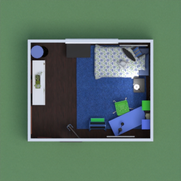 A child's bedroom with a desk to do homework that is painted brightly in blues and greens. The walls are decorated with abstract art that is brightly colored. There is a dresser for clothes that match the black bed and a bookshelf for books to be stored on that is white.