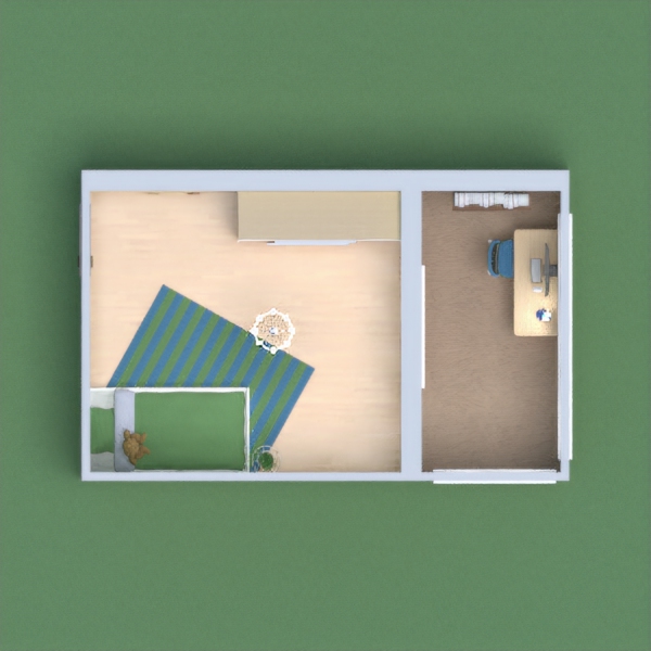 This is my dream bedroom, yes I am a kid. I decided to put the desk in the balcony area, to save space. My color scheme was blue, green, white, and a light colored wood.

I hope you like it!