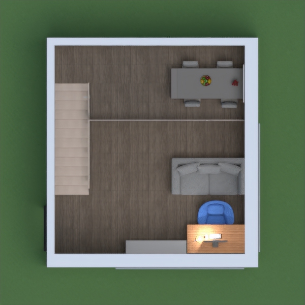 A small living space with a desk, a sofa, a dining table, and and a kitchen.