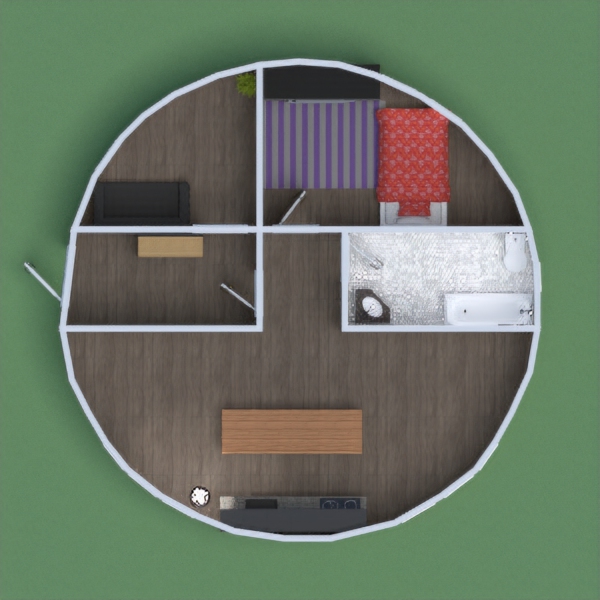 This round house has a modern kitchen with a Island and dining table! There is a mini bedroom! The bathroom has a shower,tub,sink,toilet! The storage room is the mini living room! Hope you look it!