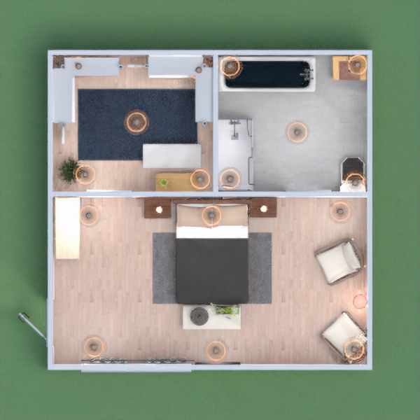This master suite has a neutual color scheme.  Ithas a bedroom, sitting area lots ofstorage.  the bathroom has a tub and shower.  The closet has tons of storage for everyone