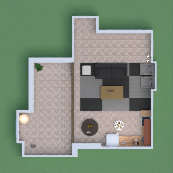 a small living room and a kitchen