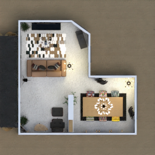 Living room with dining room. And the little terrace infront of house