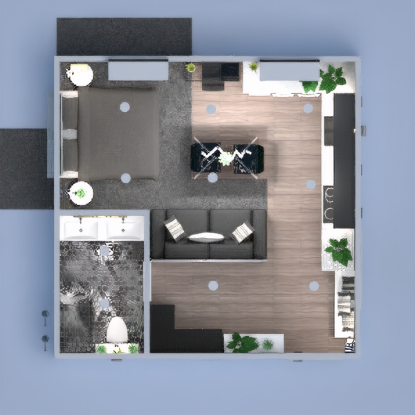 A modern and bohemian living space including an entry way, kitchen and bar, custom shower, multipurpose/sleeping area, and modular room dividers. Inspired by the designs of Ikea and modeled after the efforts of tiny house DIYers everywhere.