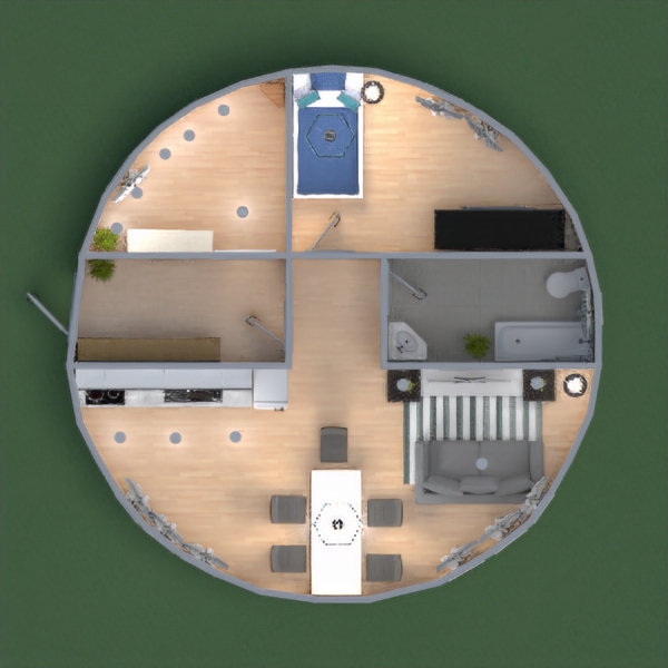 Here is a nice round house that is a little cramped, but it’s home! The main colors are blue, white, and black! I hope you like it!