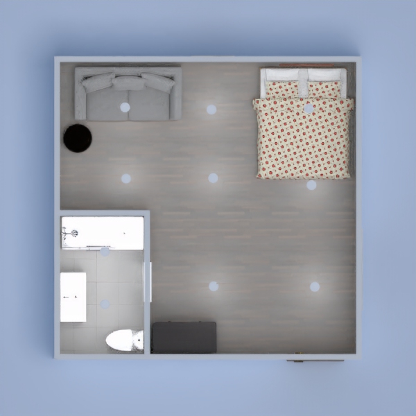 Small studio interior with bed, couch, wardrobe and bathroom
