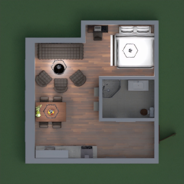 This is a modern apartment with a fashionable color scheme of black, grey and white, with a splash of brown. 
When you enter the apartment, the first thing you see is the large kitchen set. On your right is the bathroom. Despite its size, the bathroom is reasonably fit well. Upon entering the kitchen/dining/living room, you will notice the black, grey, white and brown color scheme. To the left of the living room section, there is a small but cozy bedroom. 
I hope you liked my apartment, please vote and comment, and I will do the same for you!