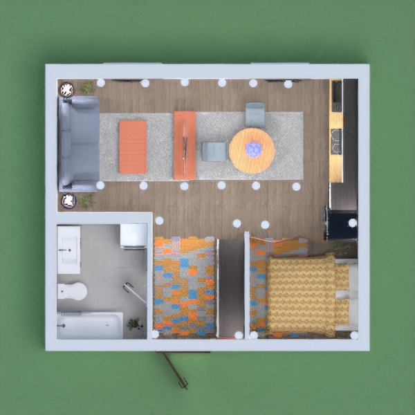 this mini apartment is very nice and the color pallete is blue, grey, and black.  There are some orange and bold blue and yellow accents all over.  It is a nice place withlots of plants. The bathroom isalso the laundry room.  The bedroom is divided with a divider  for privacy. Please comment what you think of it, and please vote formine.