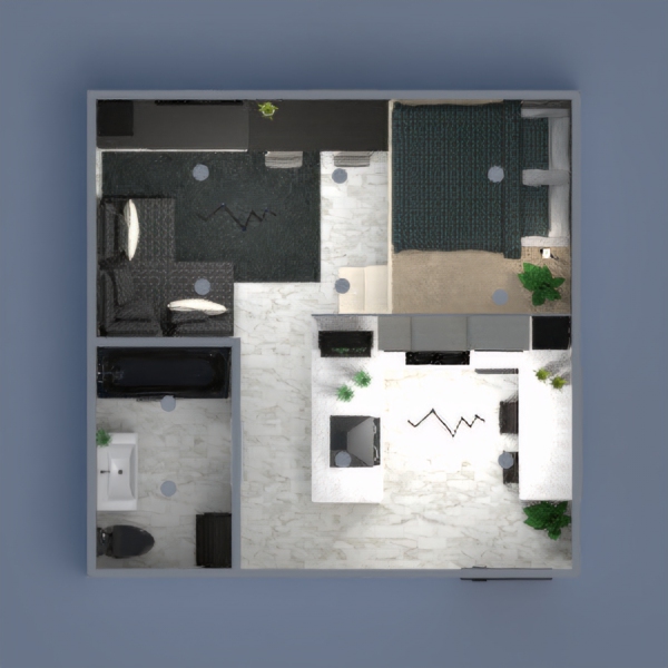 A studio for two people. The main DESIGN COLORS are WHITE AND BLACK. There are a kitchen, living room, work space, sleeping area and bathroom. I HOPE YOU LIKE, COMMENT AND VOTE, BECAUSE I ALWAYS DO THESE BACK.