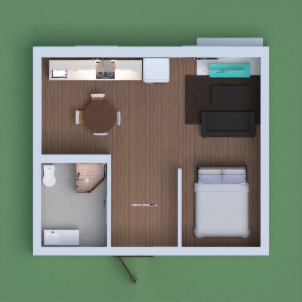 A Small Apartment With A Bedroom And Bathroom And Living Room With TV Stand. And A Nice Kitchen And Plushy Rug. I made this with all I Like And I Hope You Vote For Me