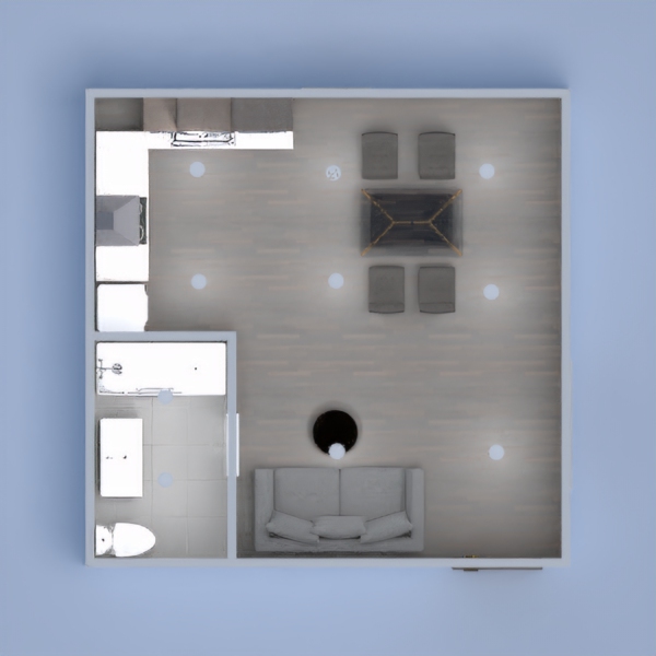 This is a small kitchen/living area, with an attached bathroom. The colour theme is greys and whites.