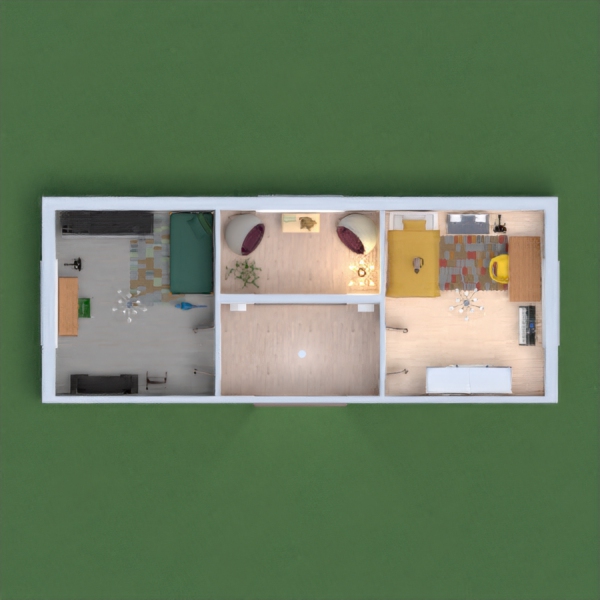 Two rooms that seem so diffrent but are also so alilke with a relaxing room in the middle of the rooms it is a nice quante house :3