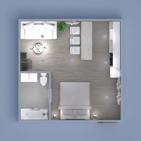 This is a modern, city life studio design. It has a kitchen and dining area, living and bed space, full bathroom, and studio desk. It's a very nice space for someone with an eye for creativity and ideas. Please enjoy.