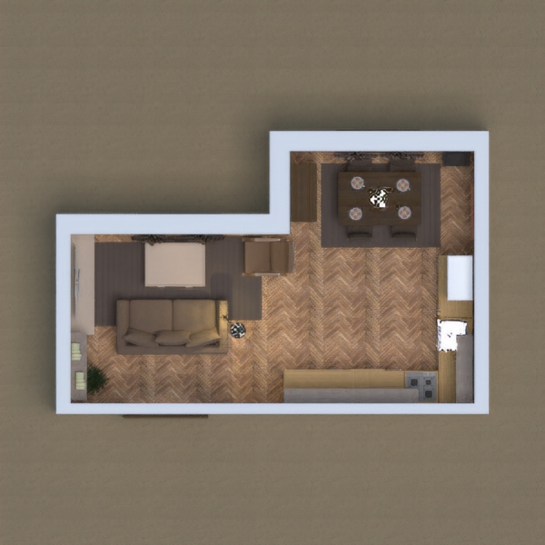 This is a house that has a living room, a small kitchen, and a dining room.