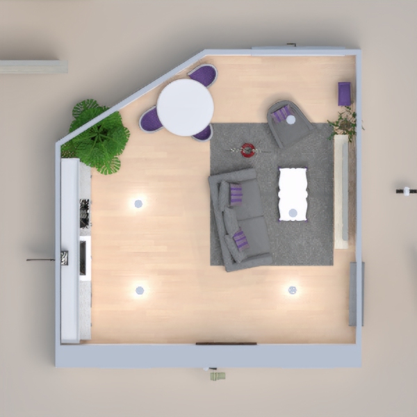 A little kitchen/living room with purple and grey sub tones