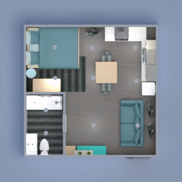 An apartment like space with a theme of blue.