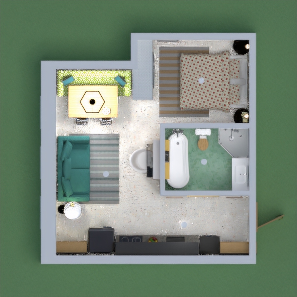 Apartamento kitnet funcional com lavanderia, homeoffice, banheiro, quarto, living, jantar e cozinha.
