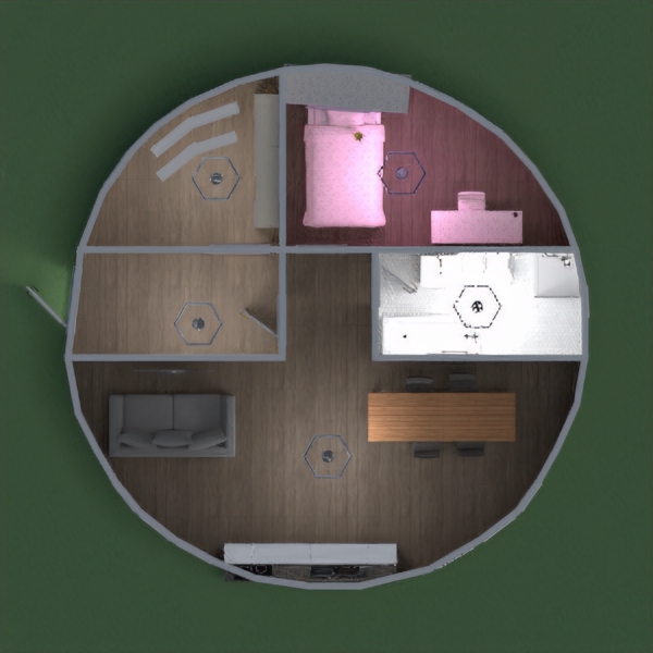 This is my circular home.This a a home for 1.You can also invite friends here so i added extra items.There is a storage room,kitchen,bathroom,and a lot of space.Hope you like it.UwU
