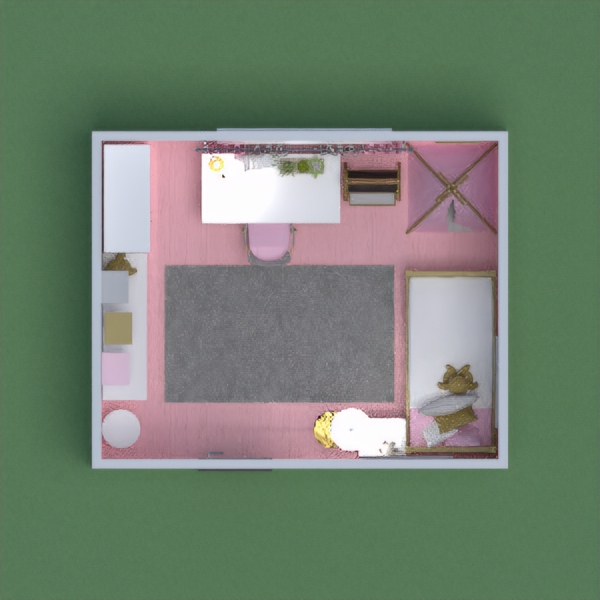 A modern girl's bedroom, with a space for sleeping, studying, and storing books and toys. It's colored with pinks, golds, grays, and whites, to make a gorgeous modern bedroom.