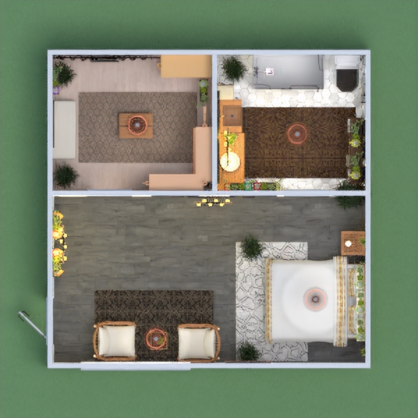 Boho or bohemian interior style bedroom with a wide closet and a bathroom.

to bring out a cozy and nature feeling, several plants and wood based furniture are used and the walls are painted in light colors.

please vote my project if you like it.