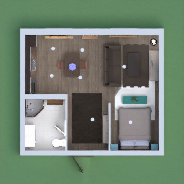 This flat has a blue color scheme with dark wood to complement it. The bedroom is separated by the wall from the entrance and the kitchen and living room are in two corners. I really like this design because it is cute and kind of like a studio. I hope you like it, too. Good luck to everyone and please vote for me! Also, I don't think Planner5D is letting people put links in their comments so if you want me to see your design, just give me the page number! Thanks!